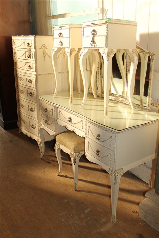 Louis style cream-painted six-piece bedroom suite, gilt-mounted, cabriole leg